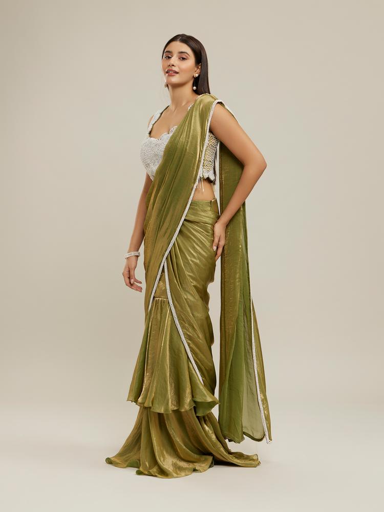 Twamev Women Majestic Mehandi Green Tissue Saree