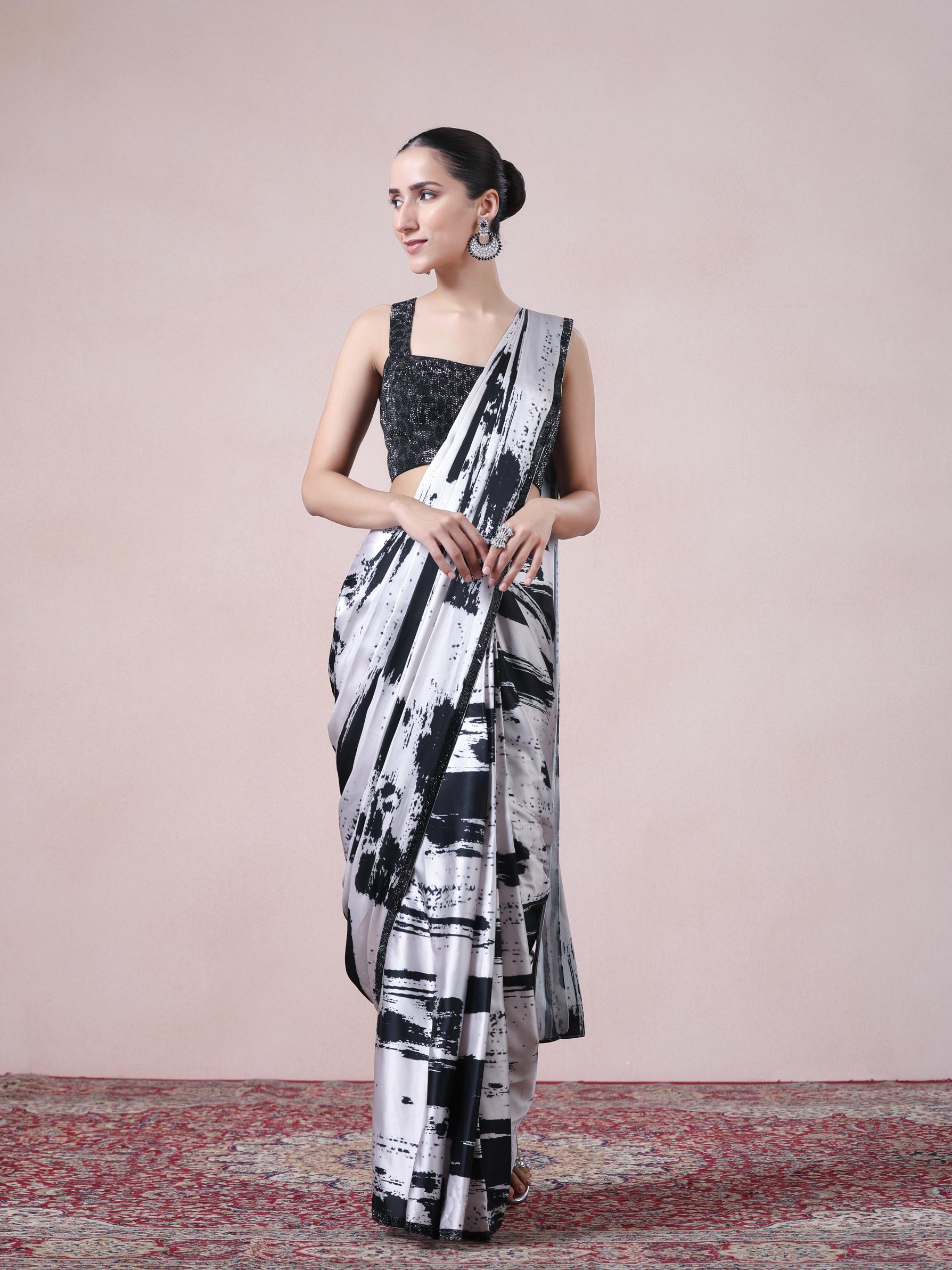 Twamev Women Black and Cream Fusion Satin Saree
