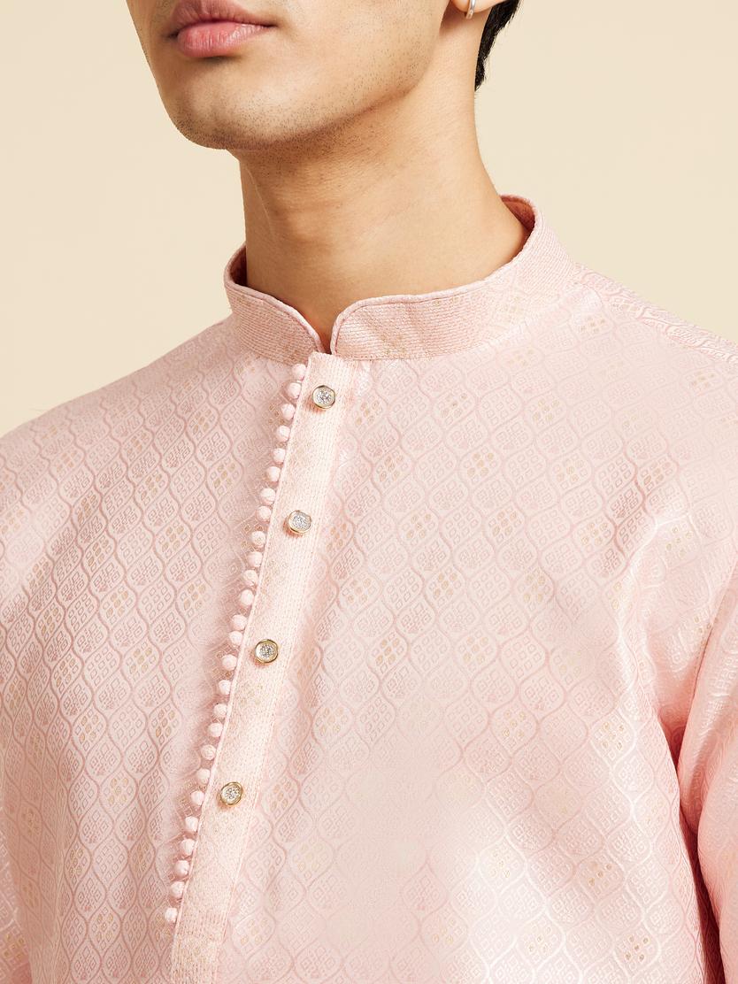 Diwas Men Rose Pink Ogee Patterned Kurta with Potli Buttons
