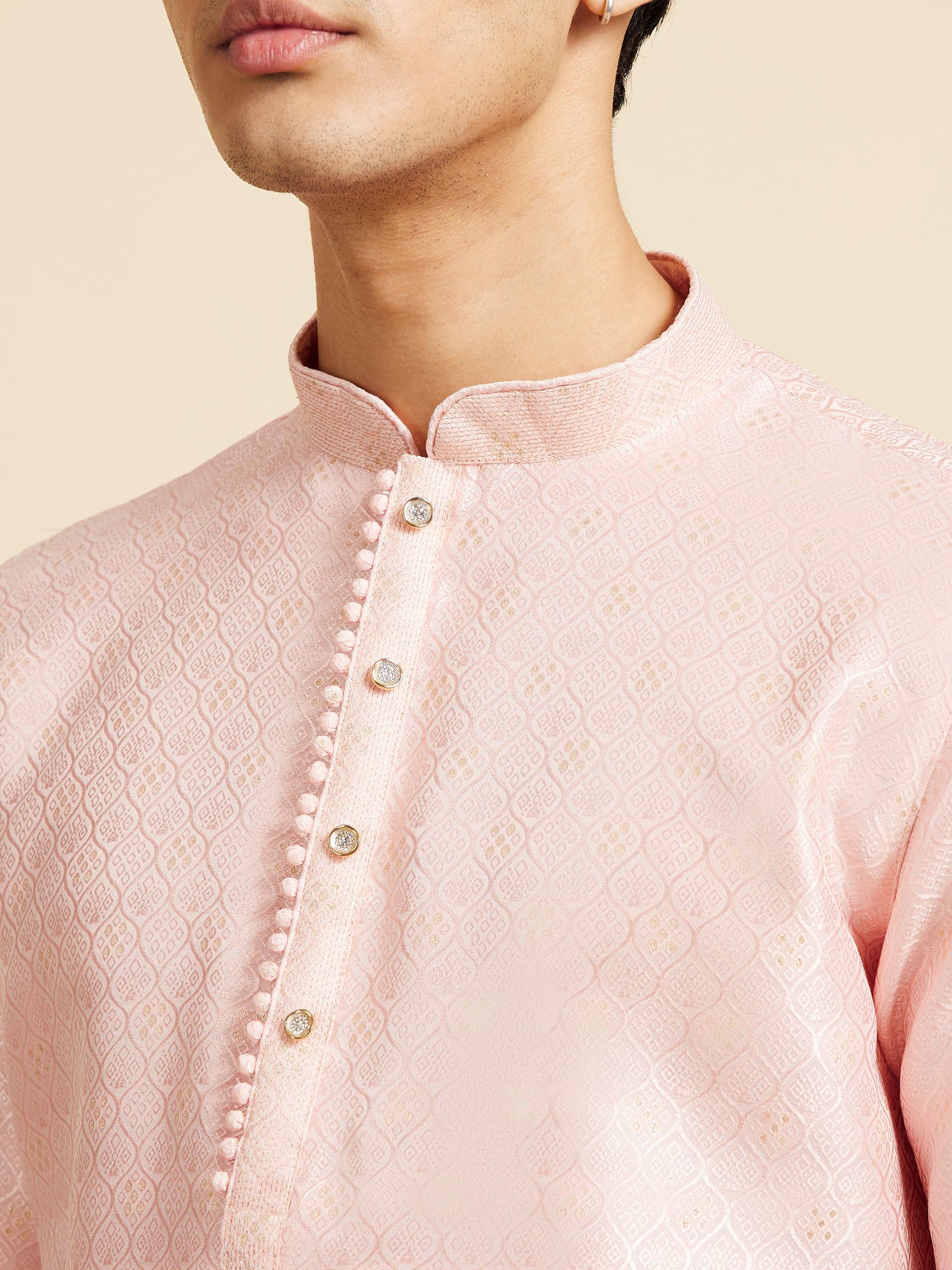 Diwas Men Rose Pink Ogee Patterned Kurta with Potli Buttons