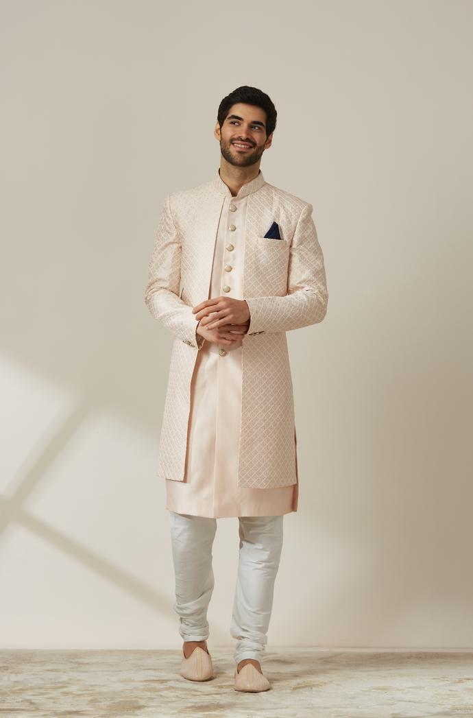Twamev Men Pink Art Silk Sequin Work Sherwani