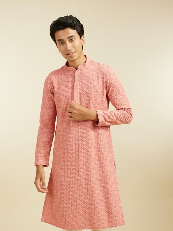 Diwas Men Coral Peach Chikankari Kurta With Sequins