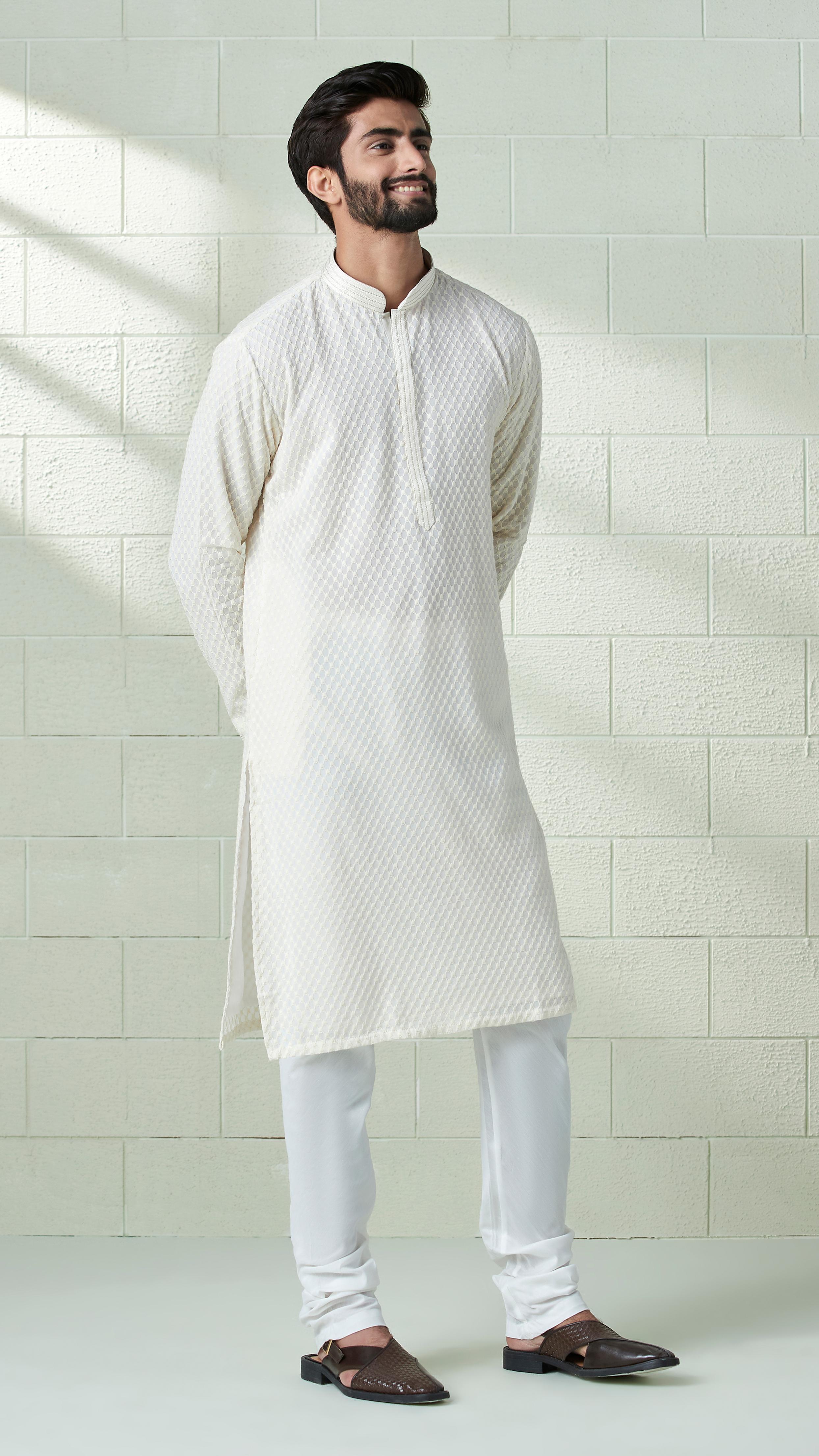 Twamev Men Ivory White Chikankari Embroidered Kurta Set