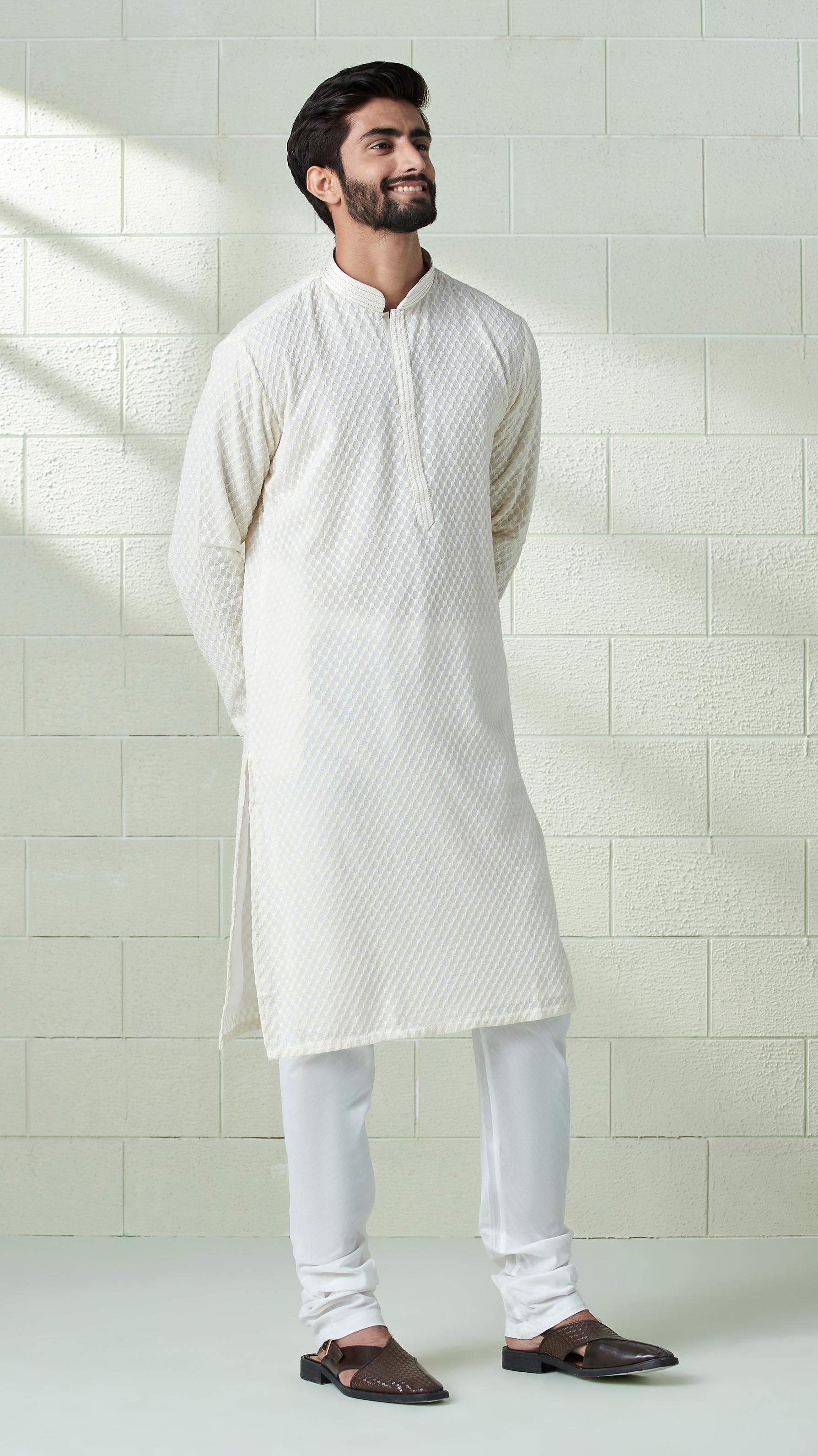Twamev Men Ivory White Chikankari Embroidered Kurta Set