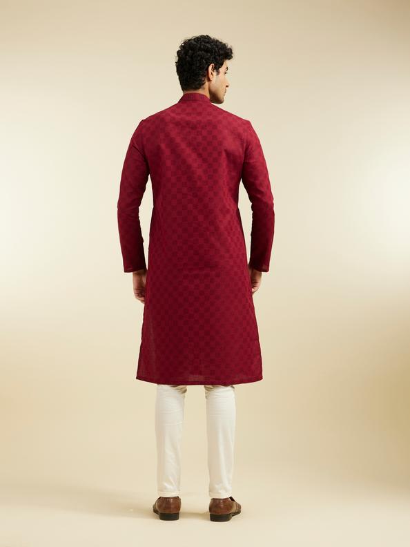 Diwas Men Maroon Red Grid Patterned Kurta with Embroidered Placket