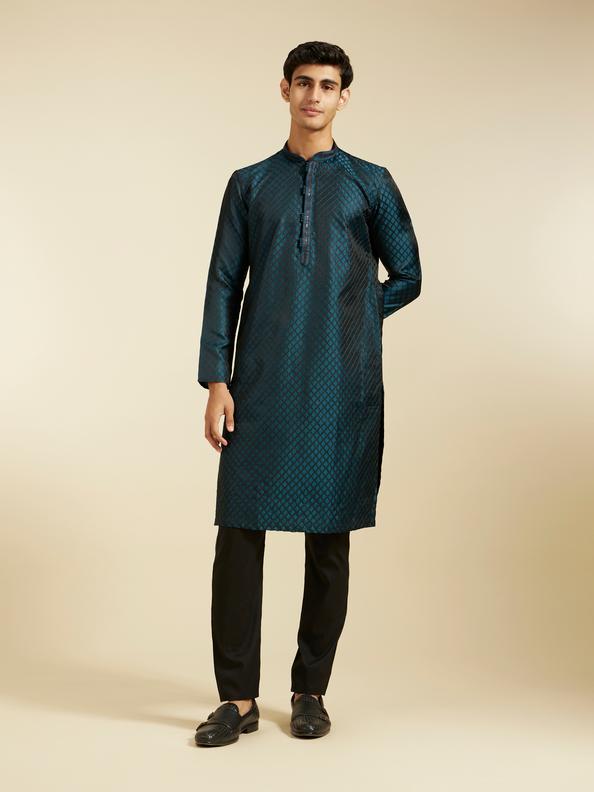 Diwas Men Teal Blue Grid Patterned Kurta with Sequinned Placket