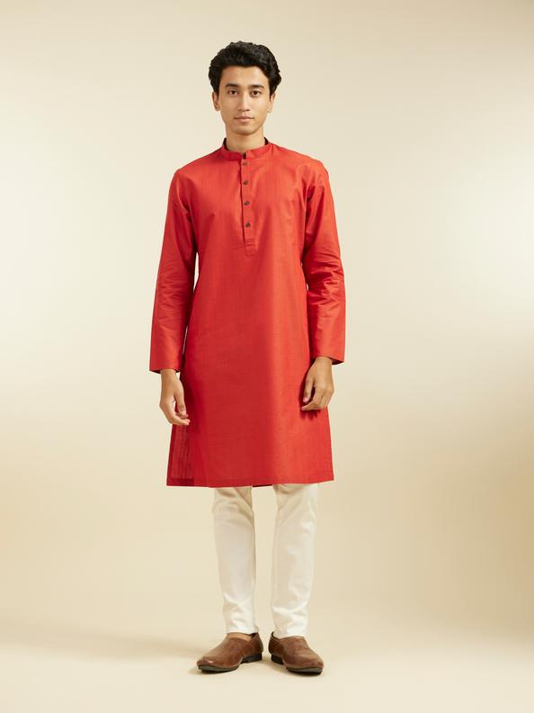 Diwas Men Scarlet Red Linear Self Striped Kurta