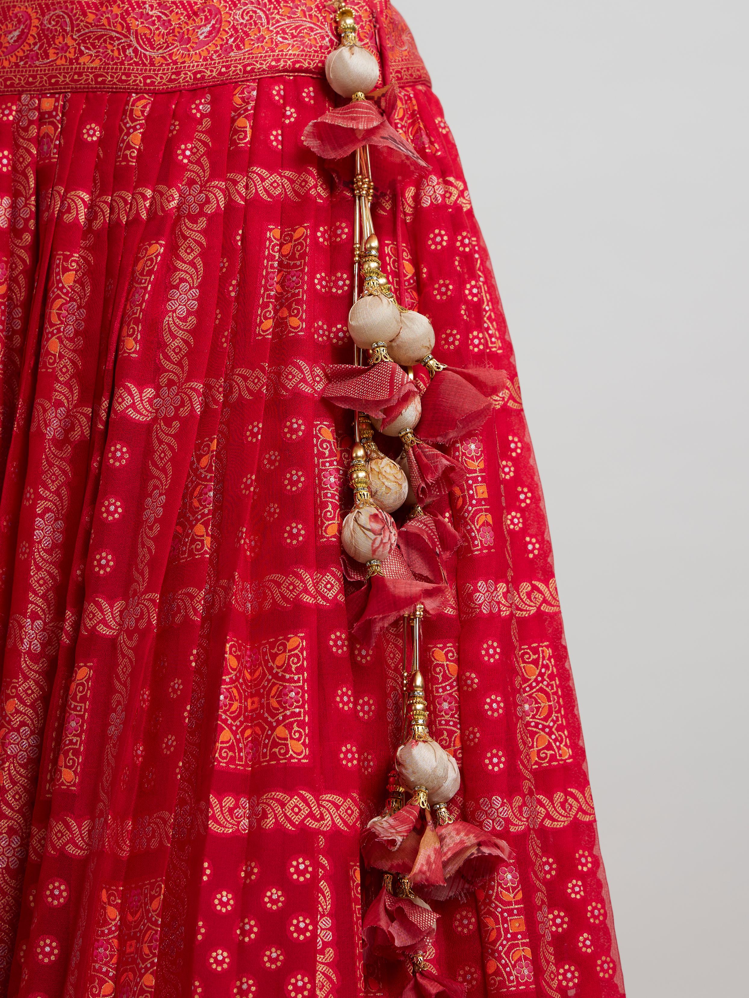 Twamev Women Scintillating Red Chinon Lehenga