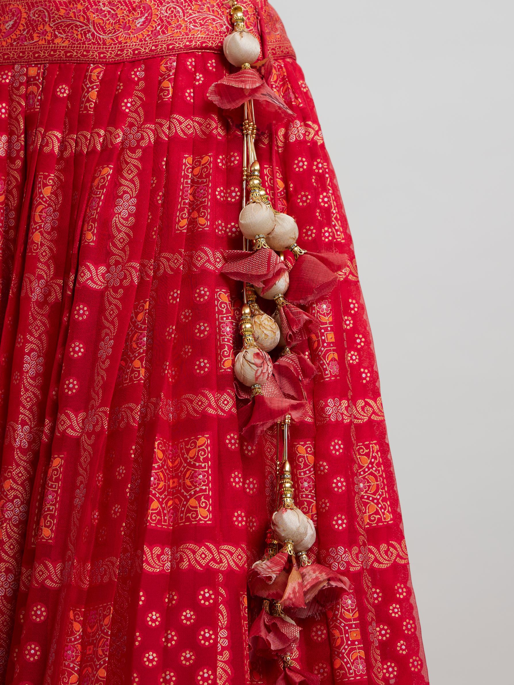 Twamev Women Scintillating Red Chinon Lehenga