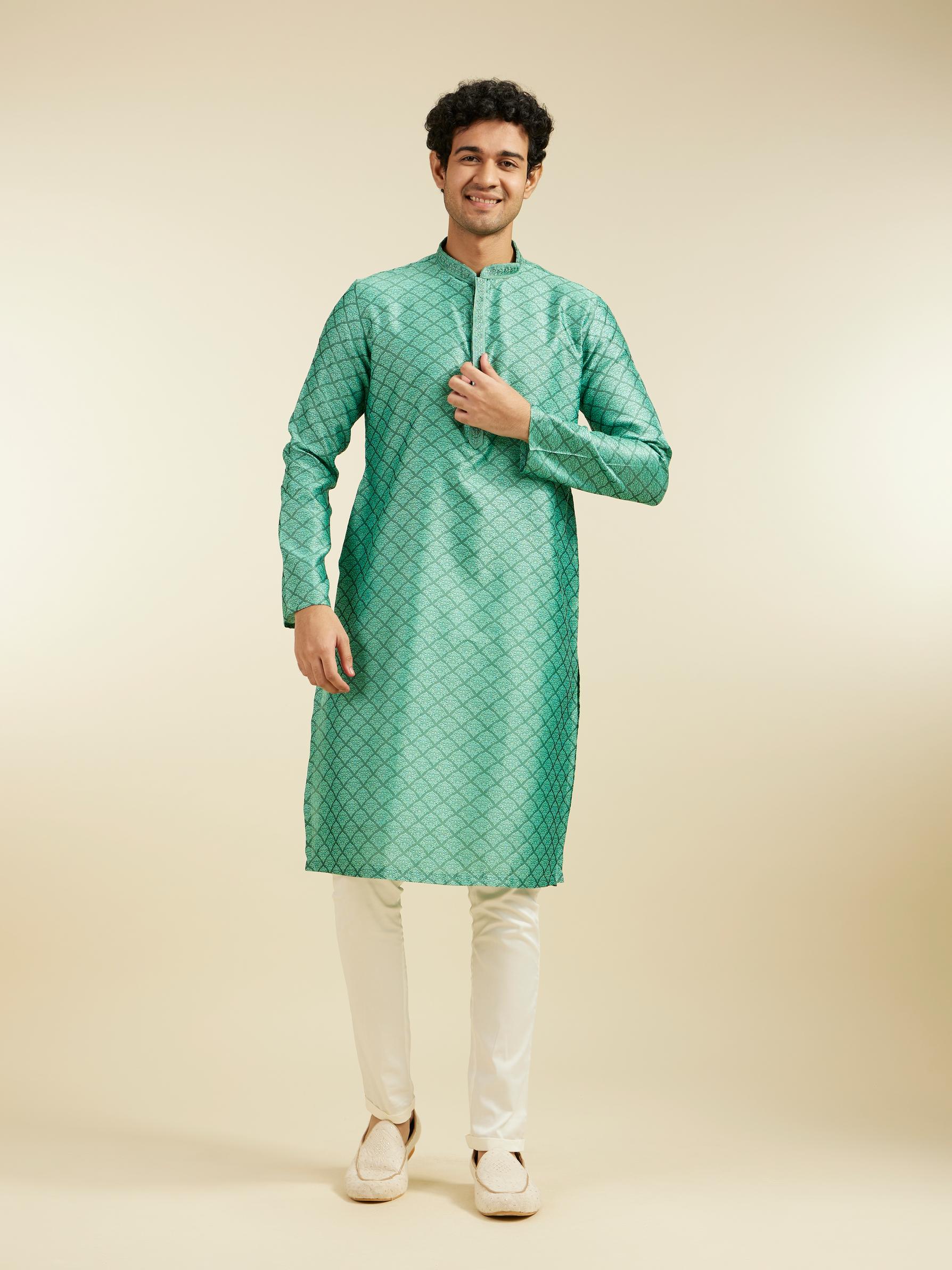 Diwas Men Soft Green Jaal Patterned Kurta