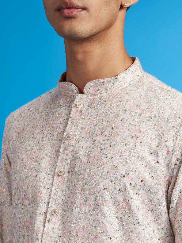 Diwas Men Cream Beige Paisley Patterned Kurta with Rhinestones