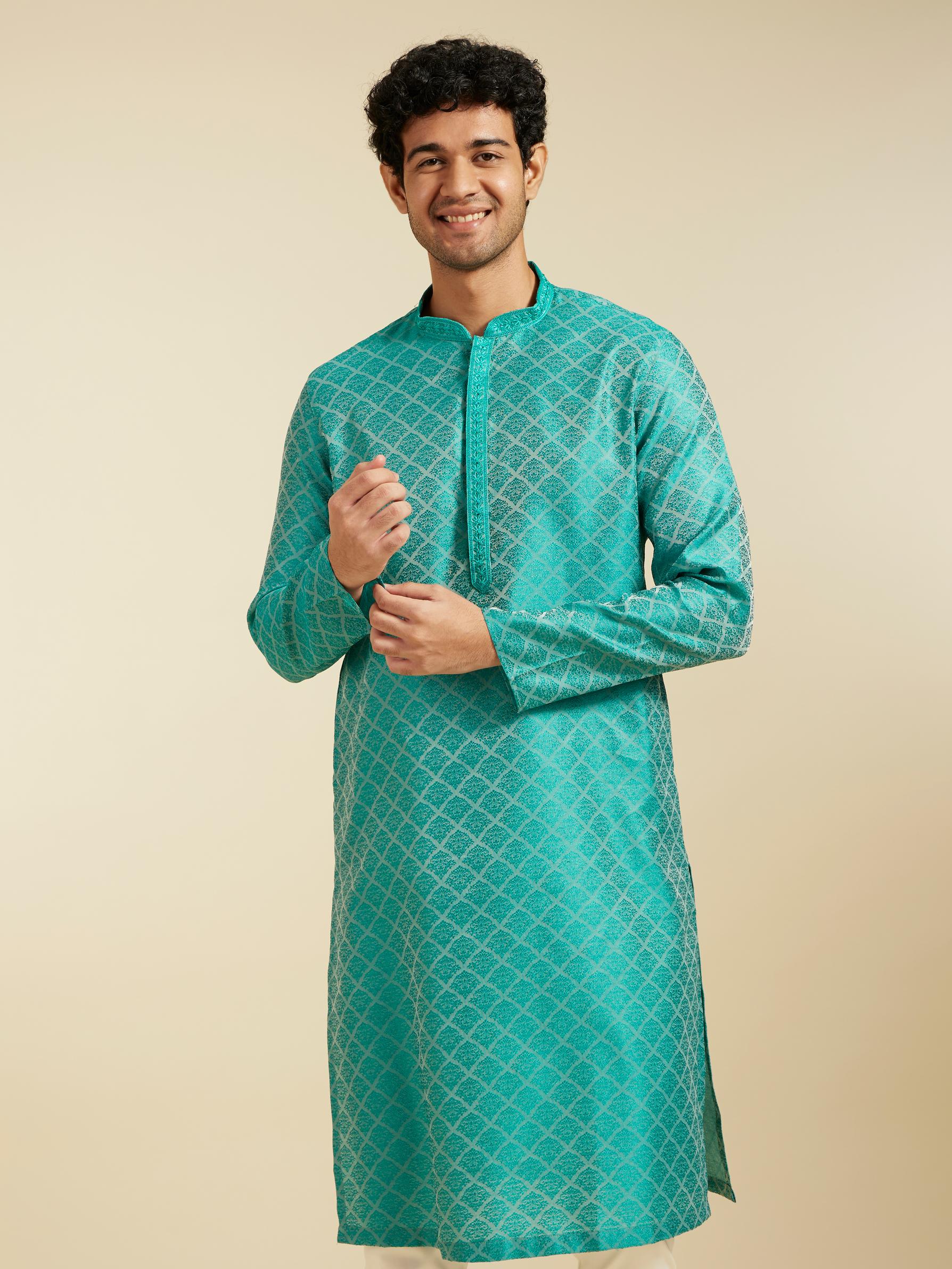 Diwas Men Turquoise Blue Jaal Patterned Kurta