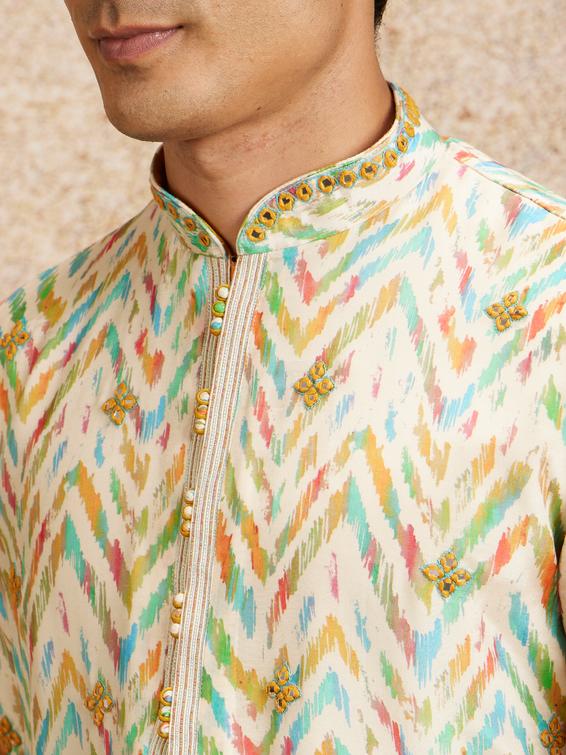 Twamev Men Beige Multicoloured Chevron Patterned Kurta Set