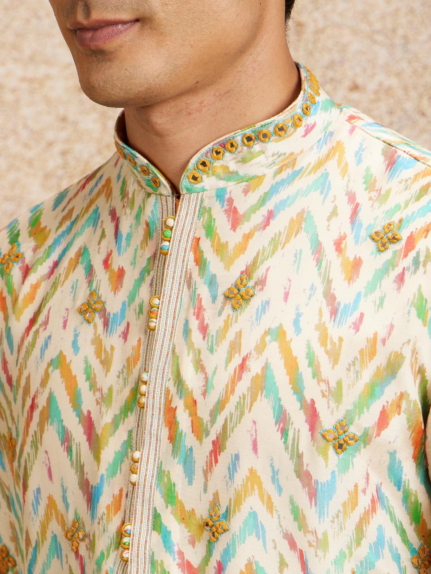 Twamev Men Beige Multicoloured Chevron Patterned Kurta Set