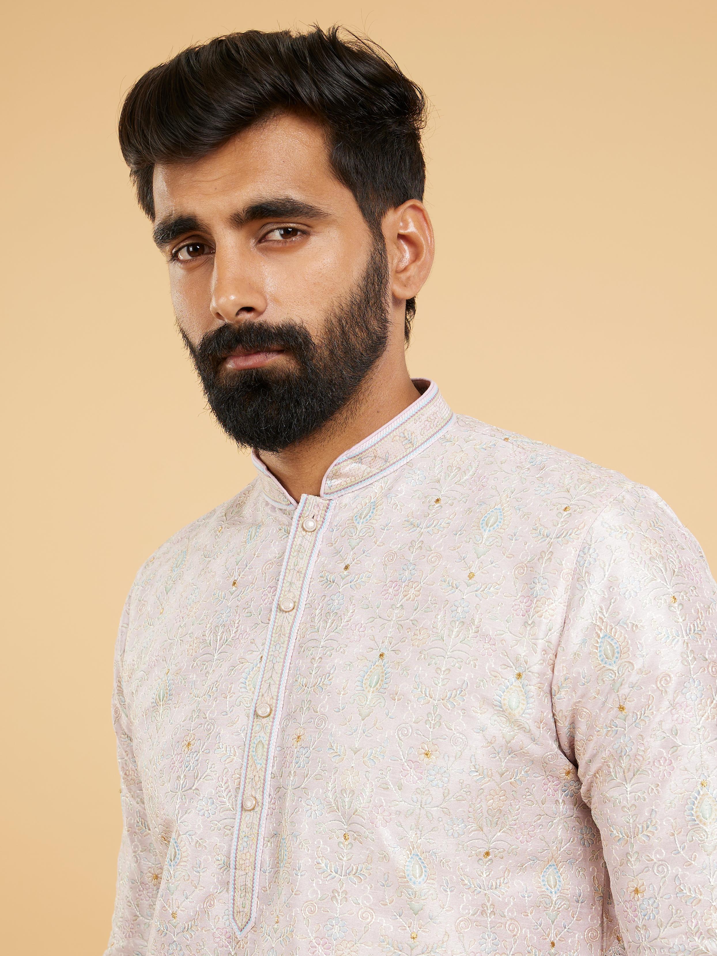 Twamev Men Soft Lilac Botanical Printed Kurta Set