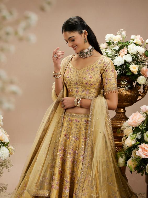 Twamev Women Gold Beige Bel Buti Embroidered Lehenga with Intricate Borders, Sequin And Stone Work