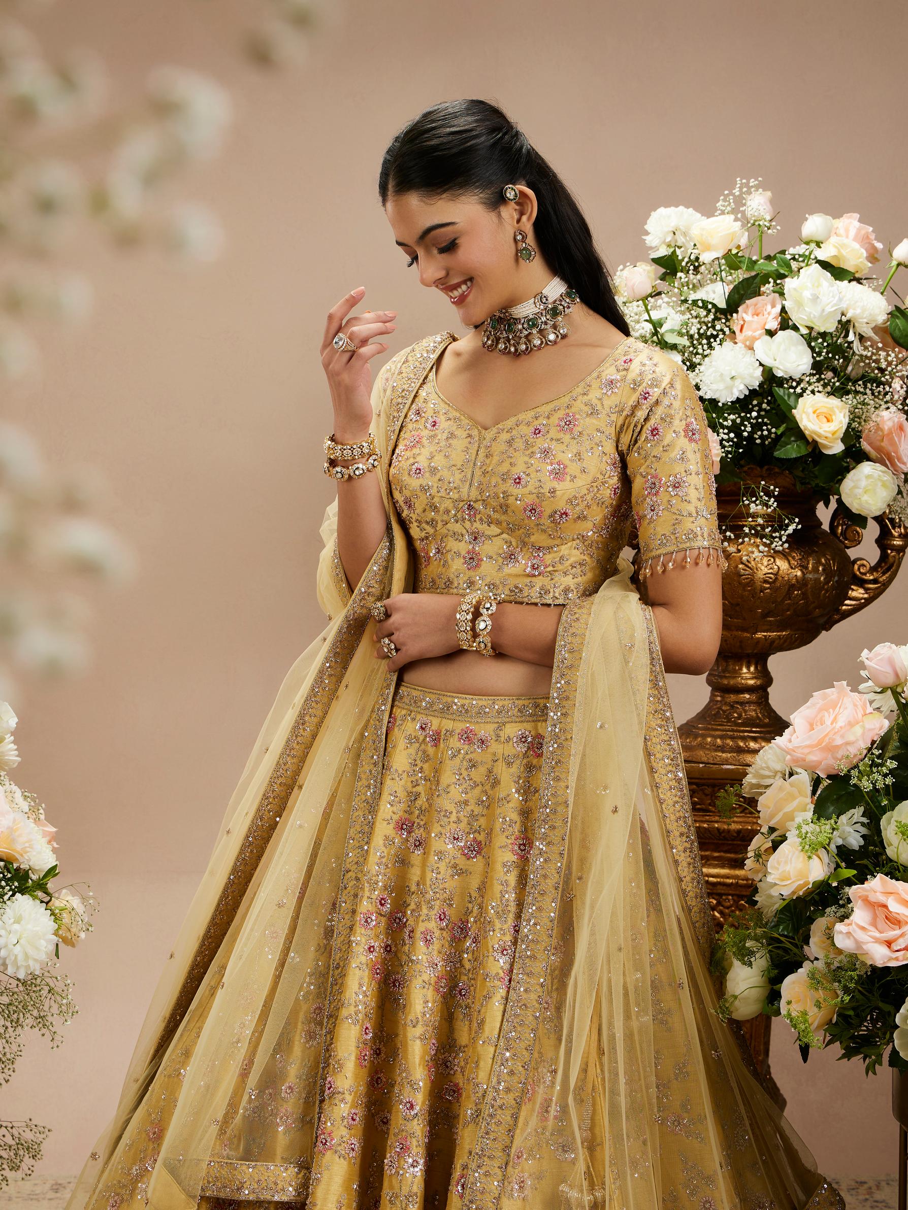 Twamev Women Gold Beige Bel Buti Embroidered Lehenga with Intricate Borders, Sequin And Stone Work