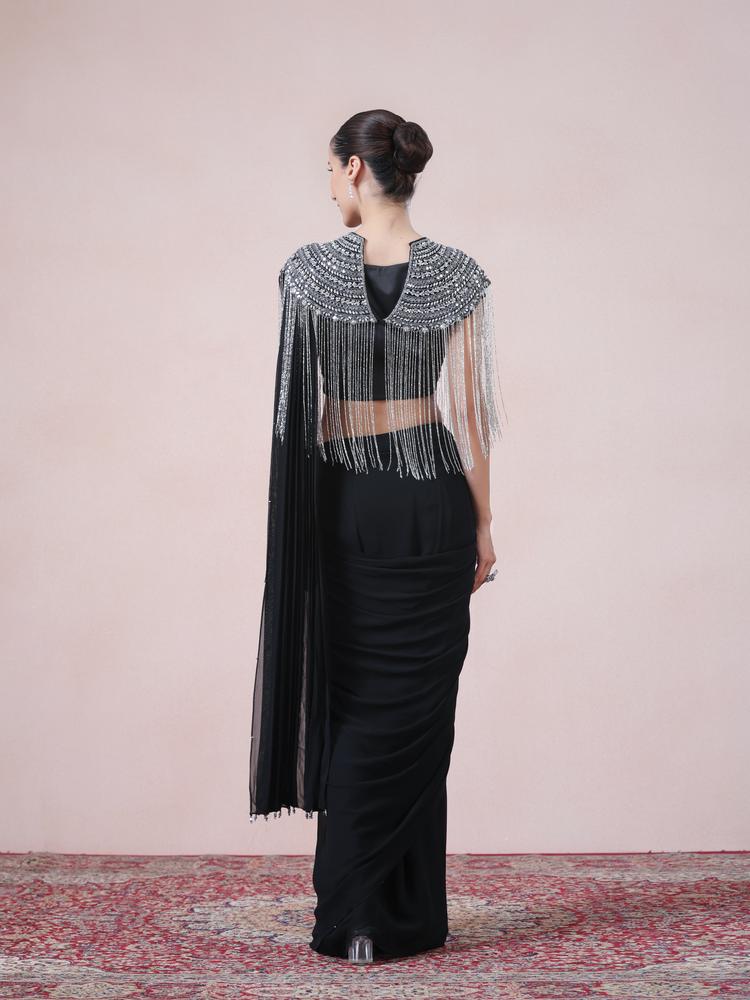 Twamev Women Boho Glamour in Black Georgette Indo Western Saree