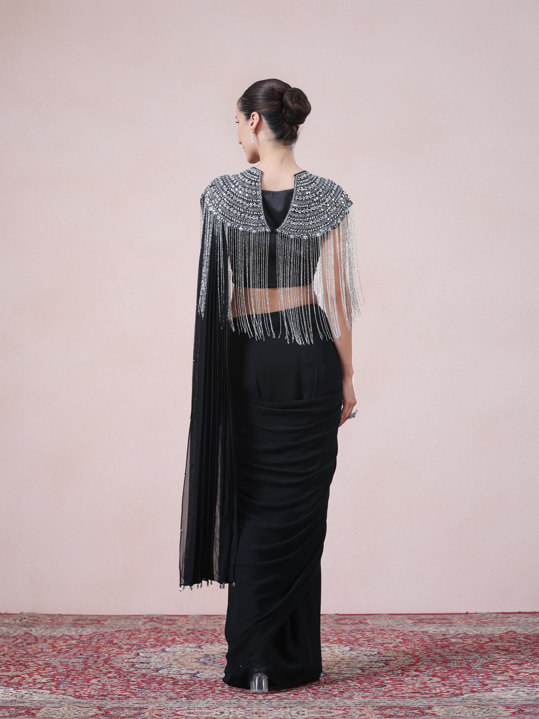 Twamev Women Boho Glamour in Black Georgette Indo Western Saree