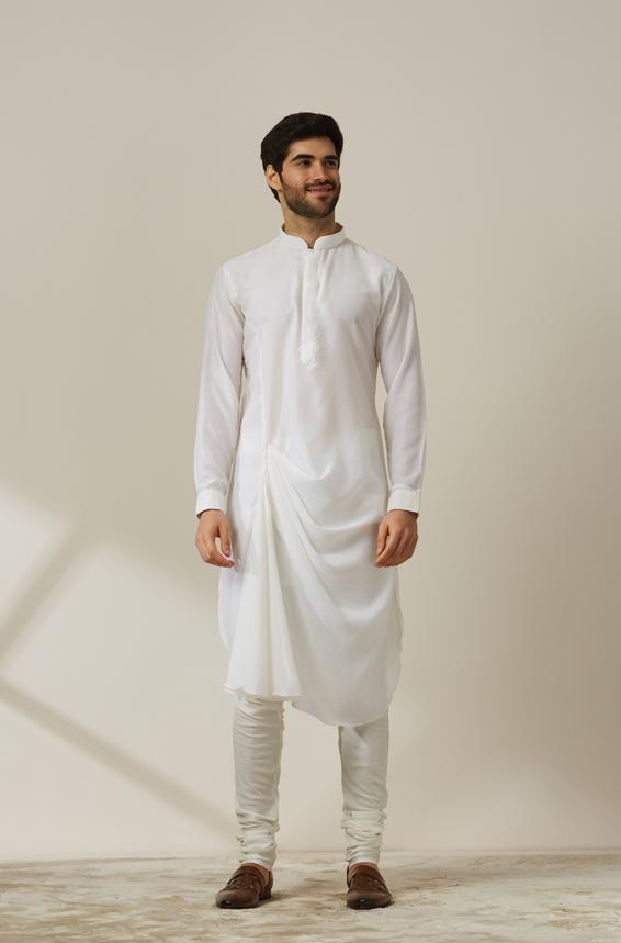 Twamev Men Light Orange Draped Kurta Jacket Set