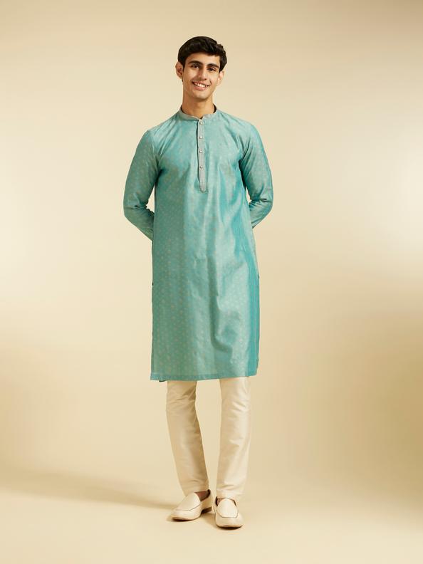 Diwas Men Aqua Green Buta Patterned Kurta with Striped Neckline