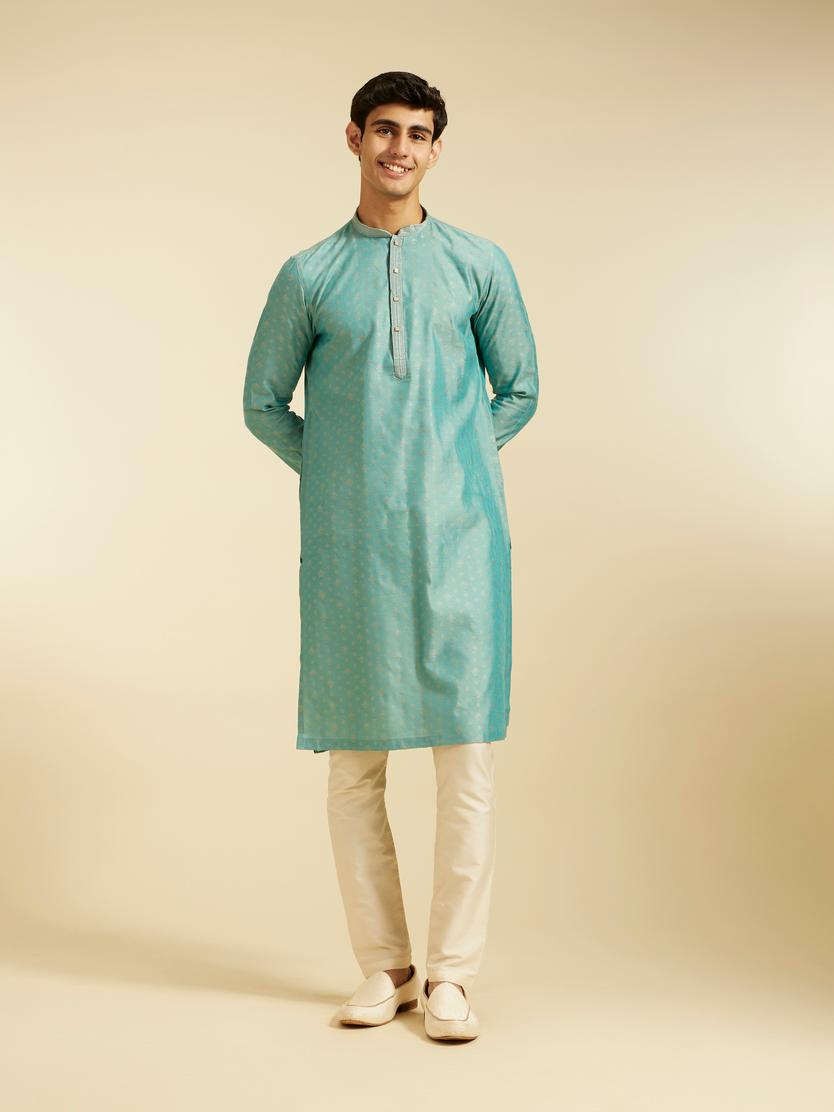 Diwas Men Aqua Green Buta Patterned Kurta with Striped Neckline