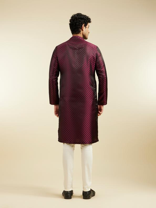 Diwas Men Wine Red Buta Jaal Patterned Kurta with Embroidered Neckline