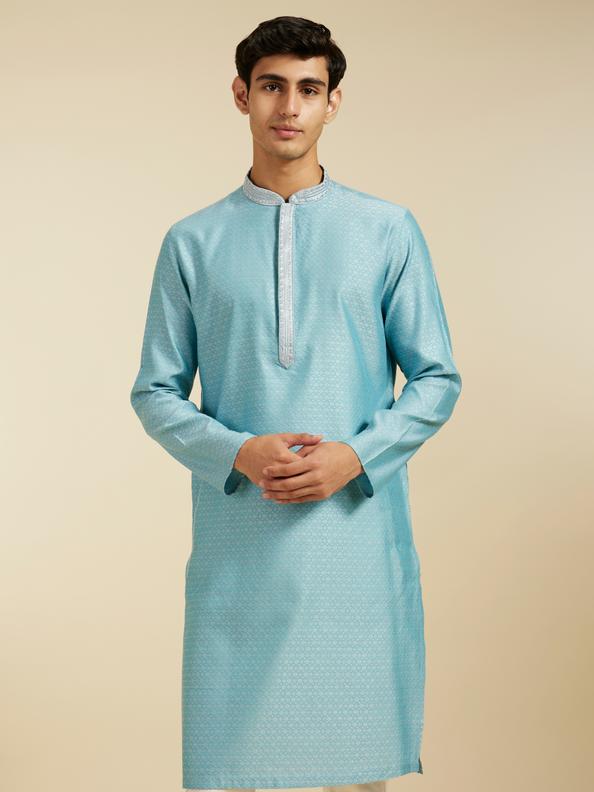 Diwas Men Powder Blue Floral Buta Patterned Kurta with Sequinned Neckline