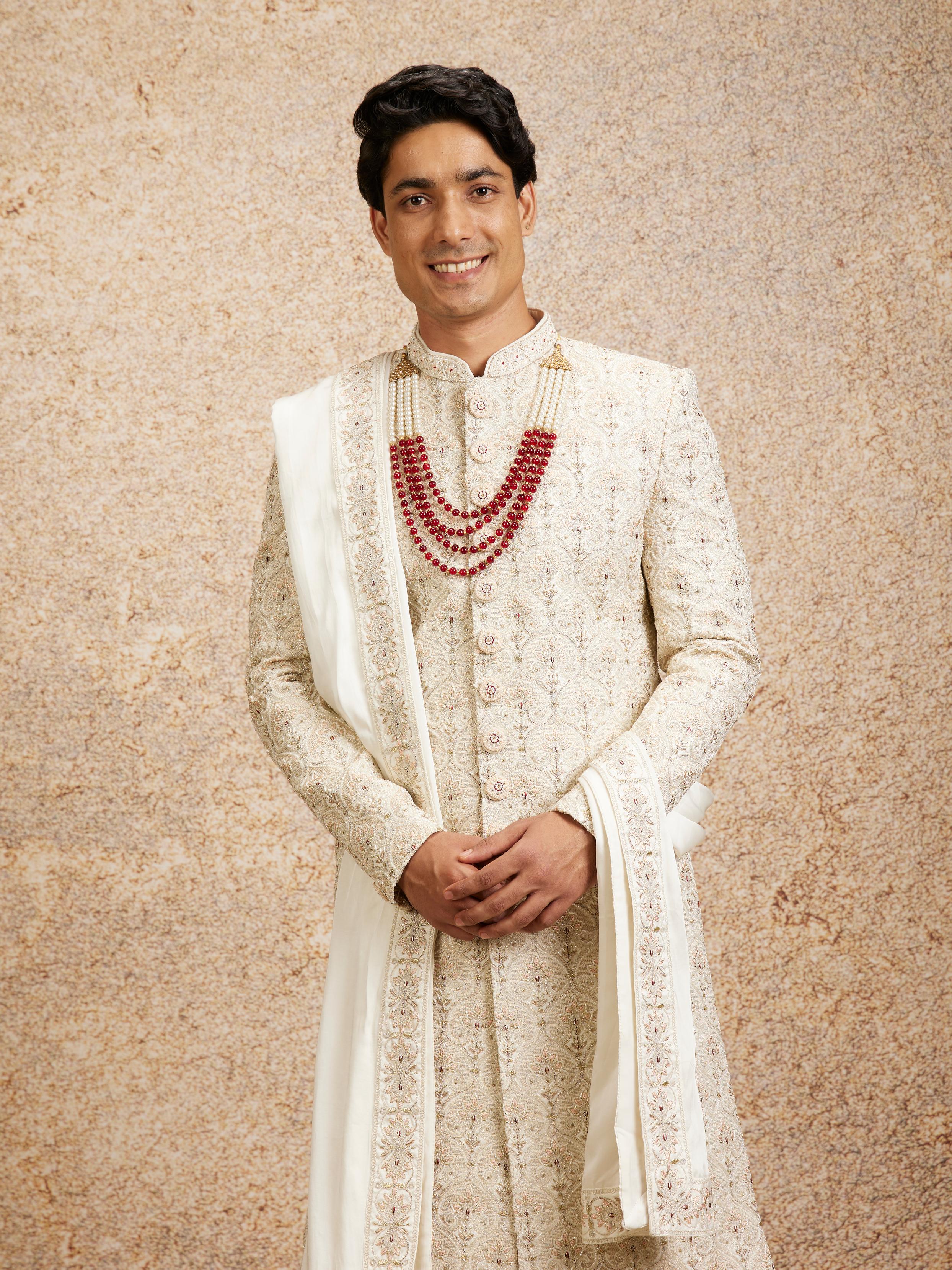 Twamev Men Cream Maroon Floral Trellis Patterned Sherwani Set