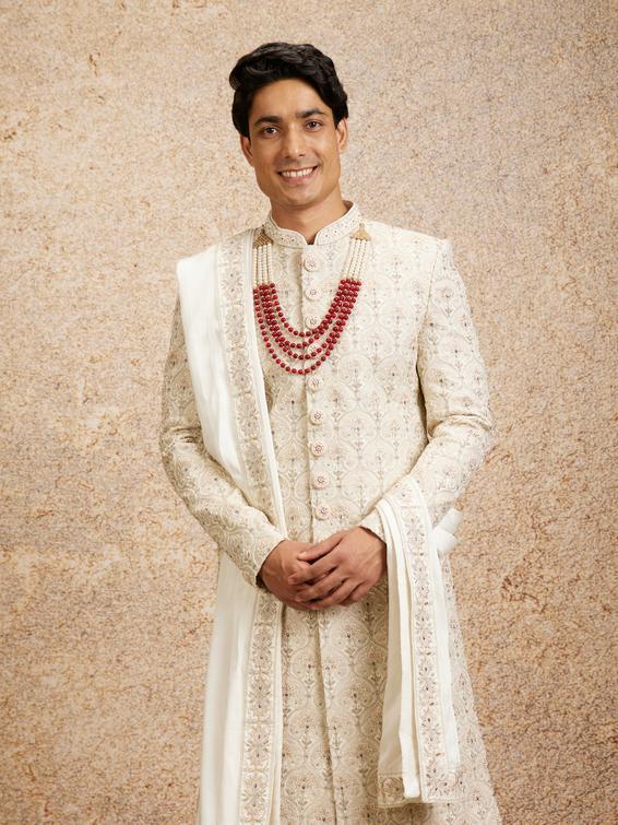 Twamev Men Cream Maroon Floral Trellis Patterned Sherwani Set