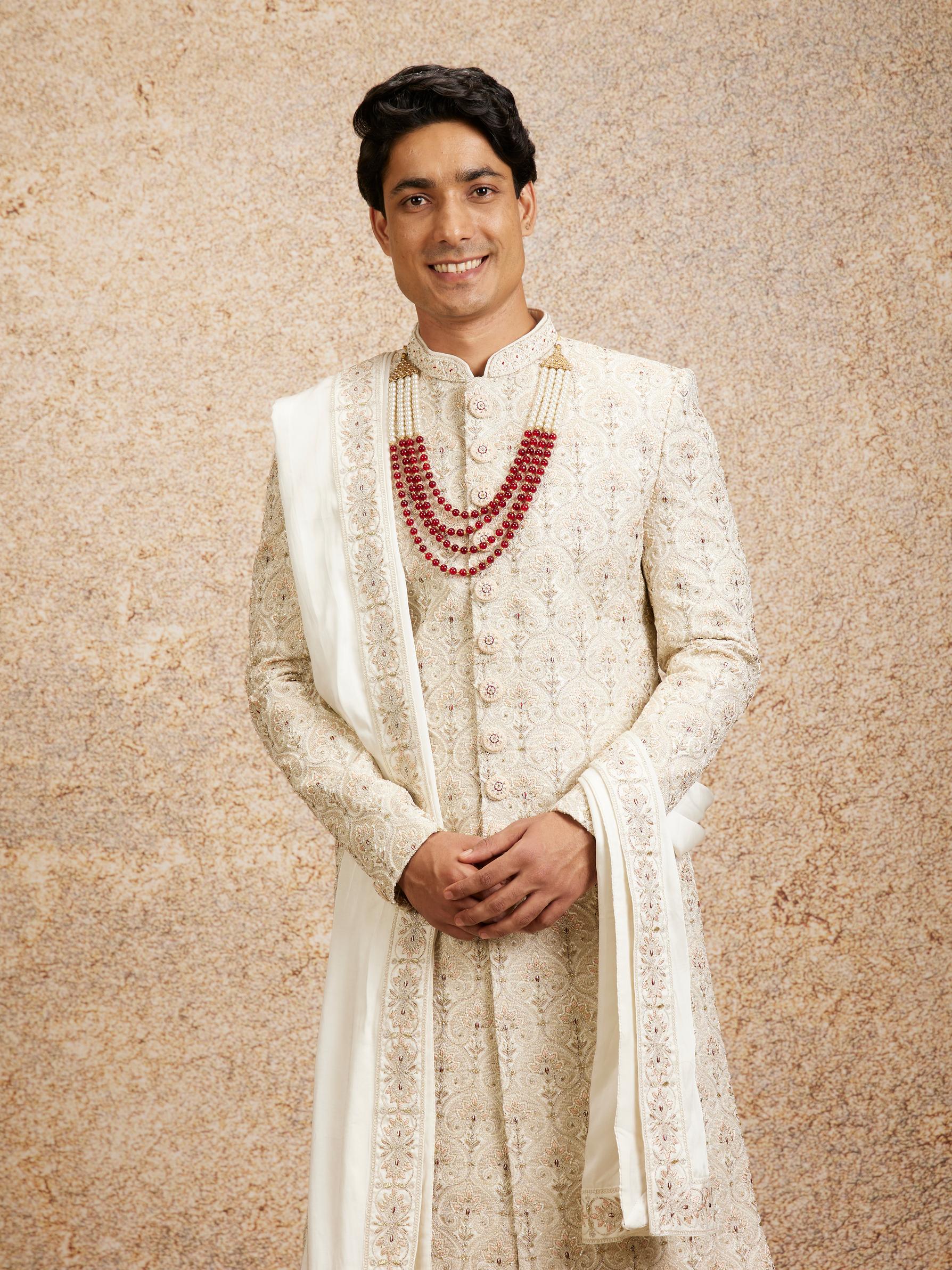 Twamev Men Cream Maroon Floral Trellis Patterned Sherwani Set