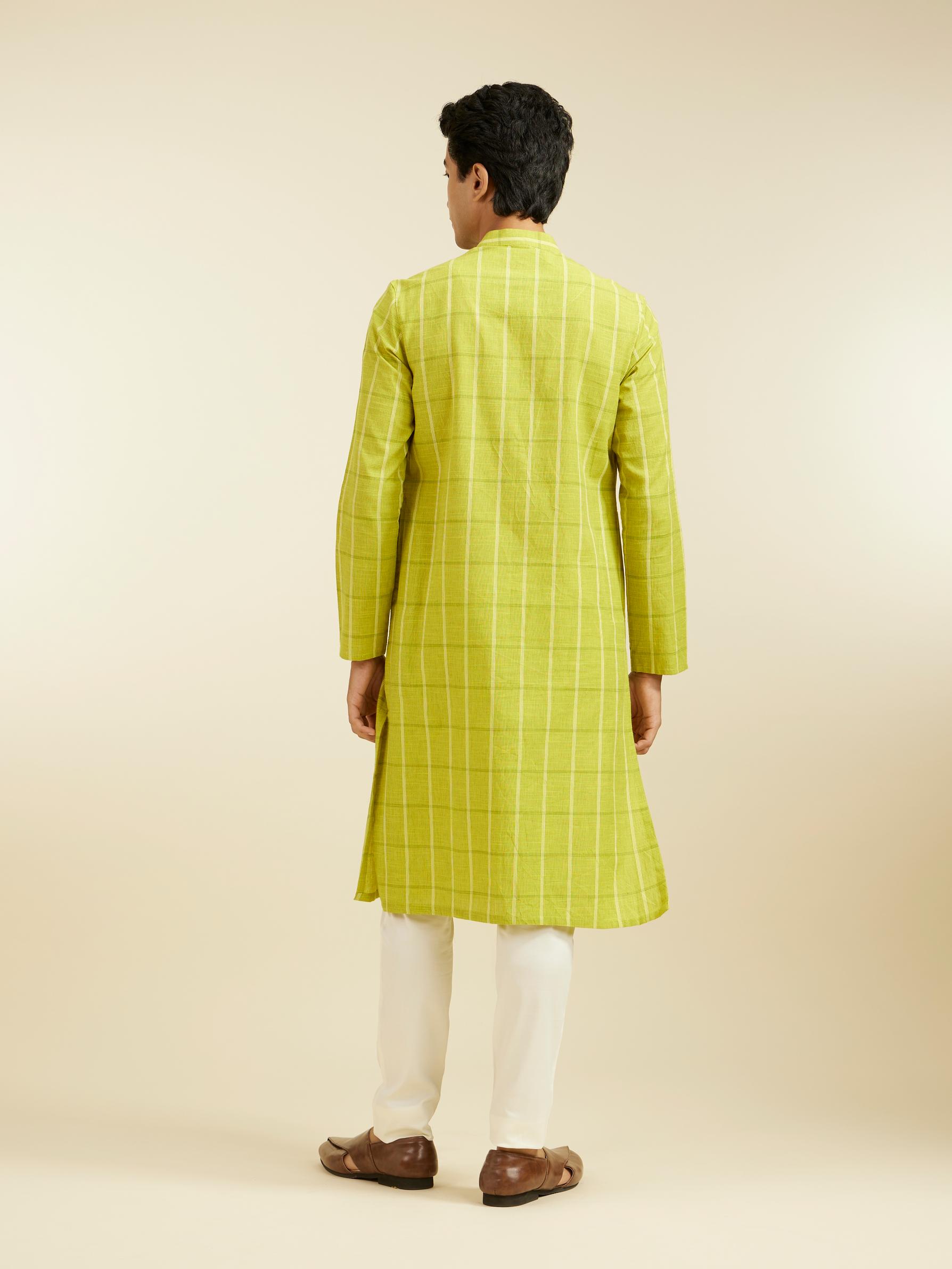 Diwas Men Soft Green Windowpane Checks Patterned Kurta