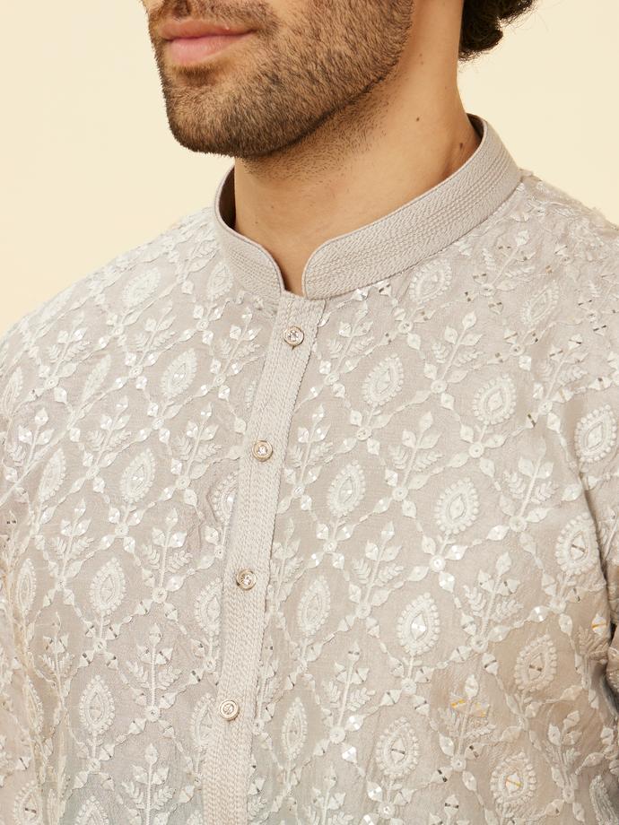 Twamev Men Shell Grey Fern Patterned Sequined Kurta