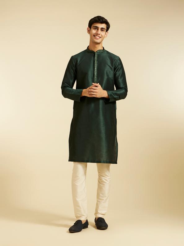 Diwas Men Bottle Green Plain Kurta with Embroidered Neckline