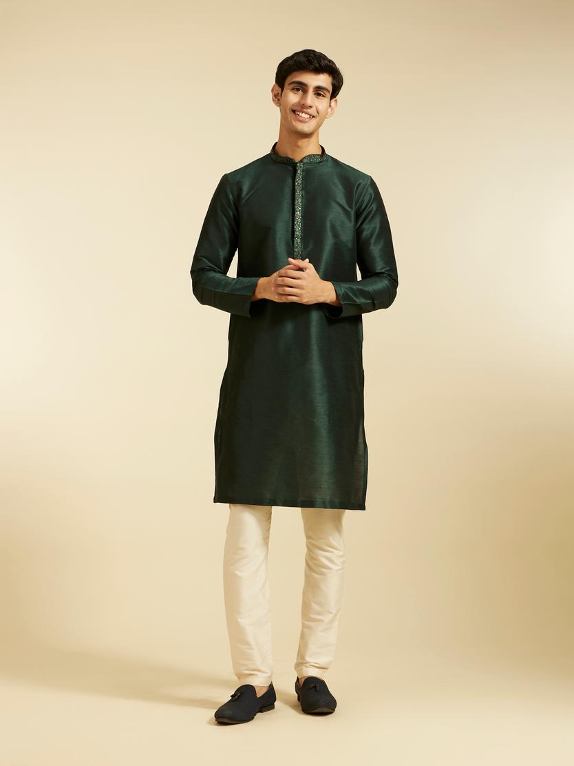 Diwas Men Bottle Green Plain Kurta with Embroidered Neckline
