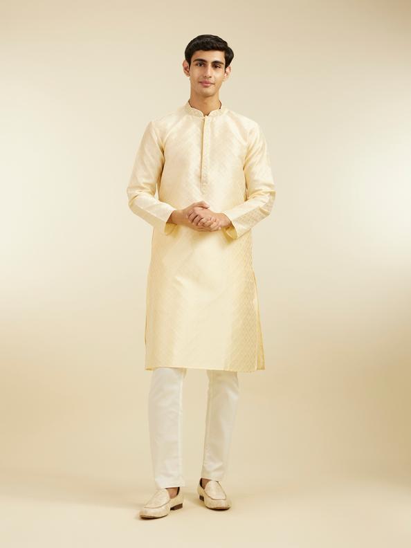 Diwas Men Sand Beige Grid Patterned Kurta with Embroidered Placket