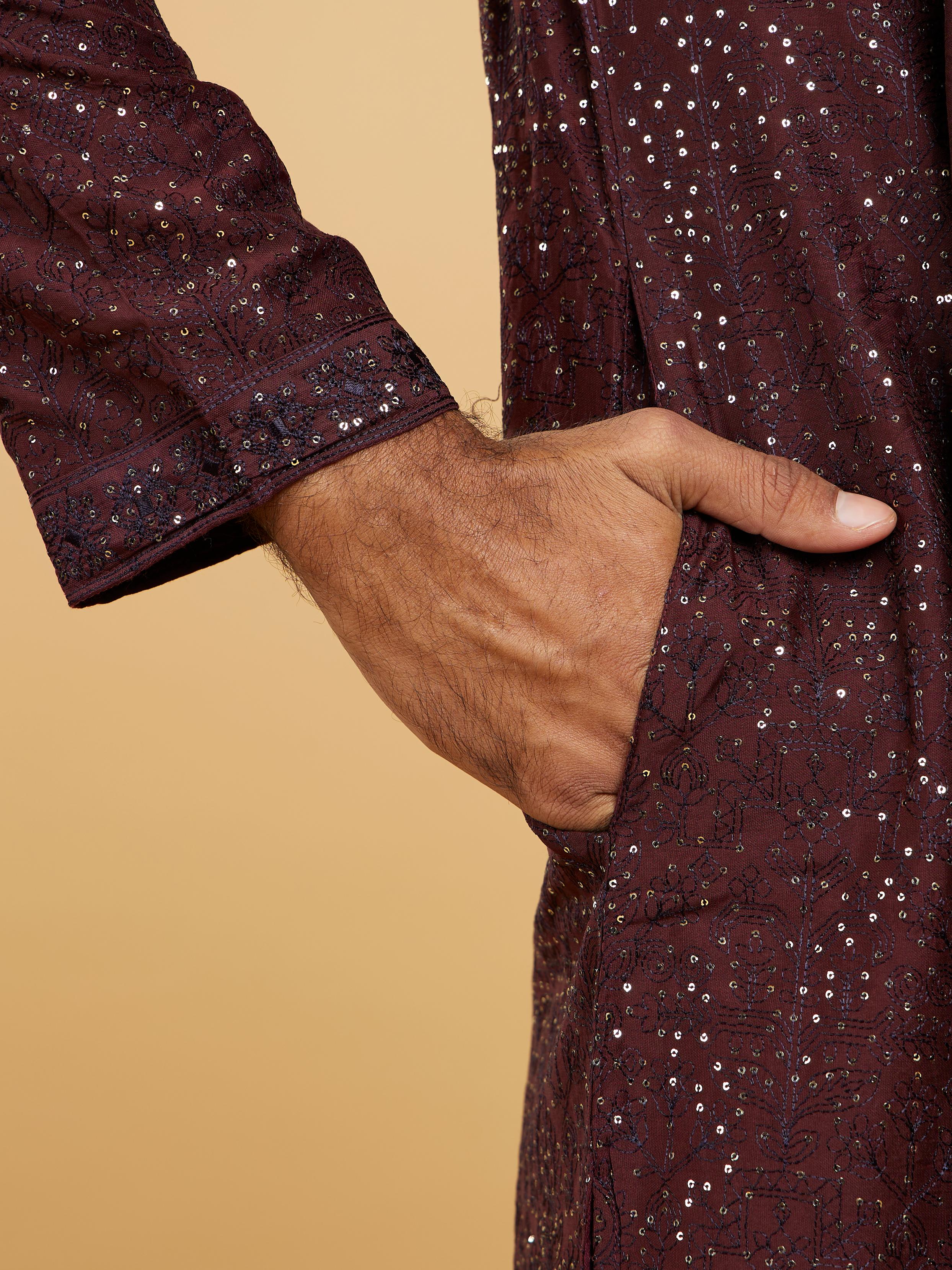 Twamev Men Glamorous Wine Kurta Set with Dupatta