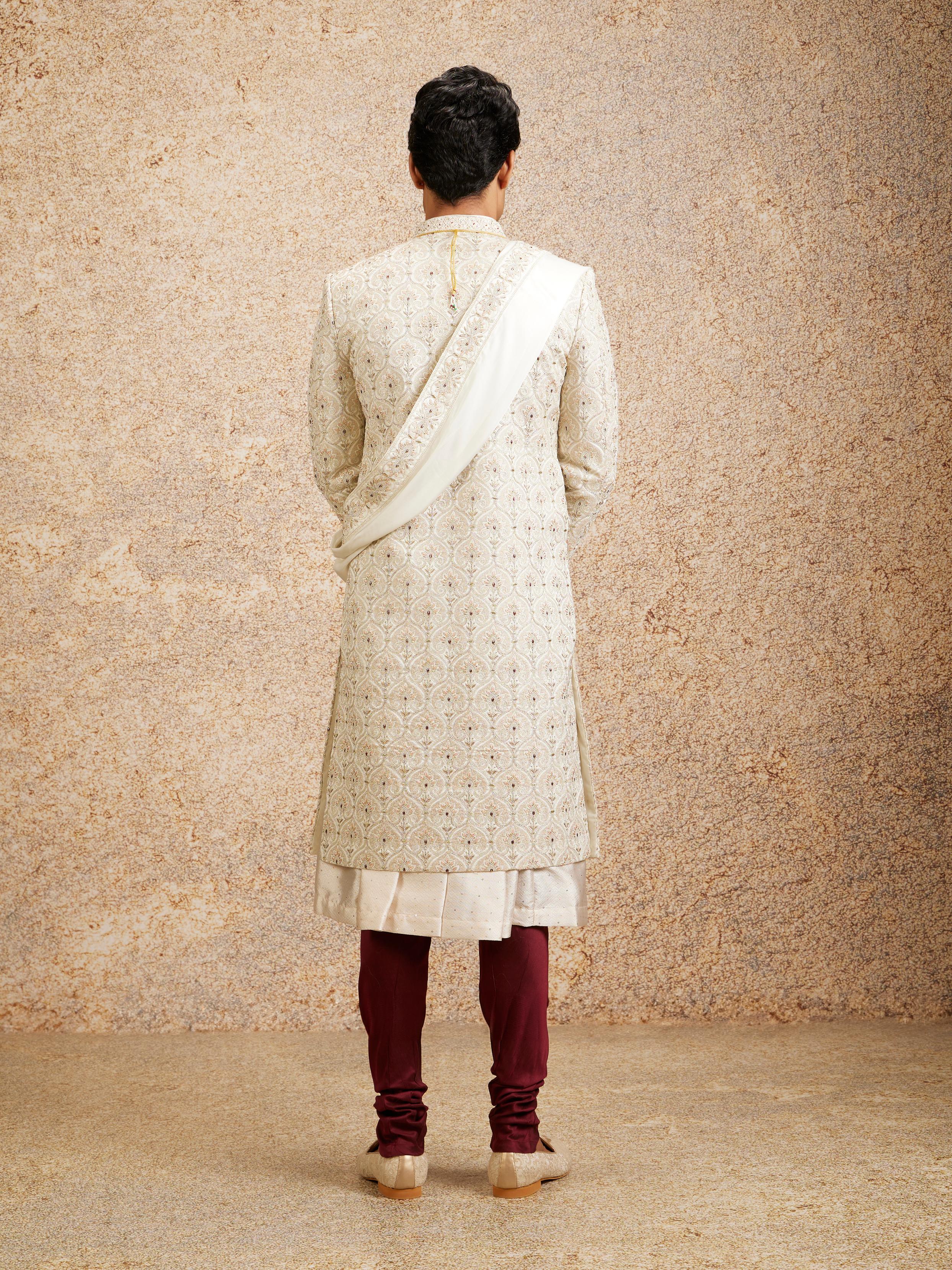 Twamev Men Cream Maroon Floral Trellis Patterned Sherwani Set