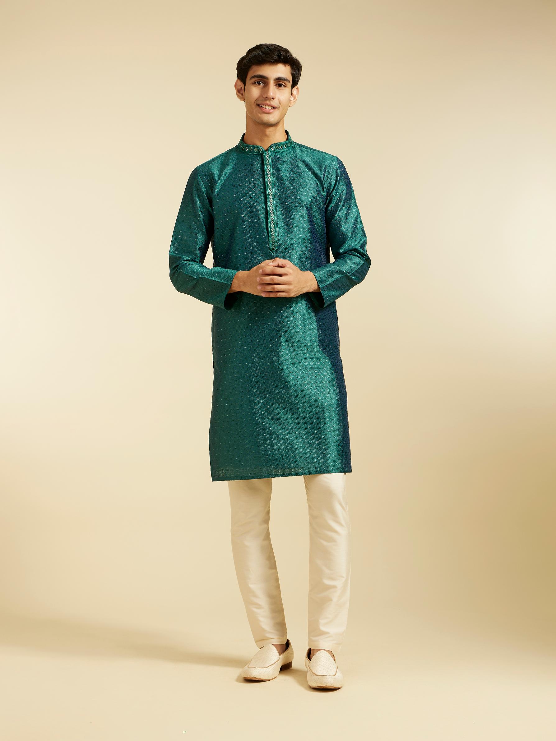 Diwas Men Teal Green Jaal Patterned Kurta with Embroidered Placket
