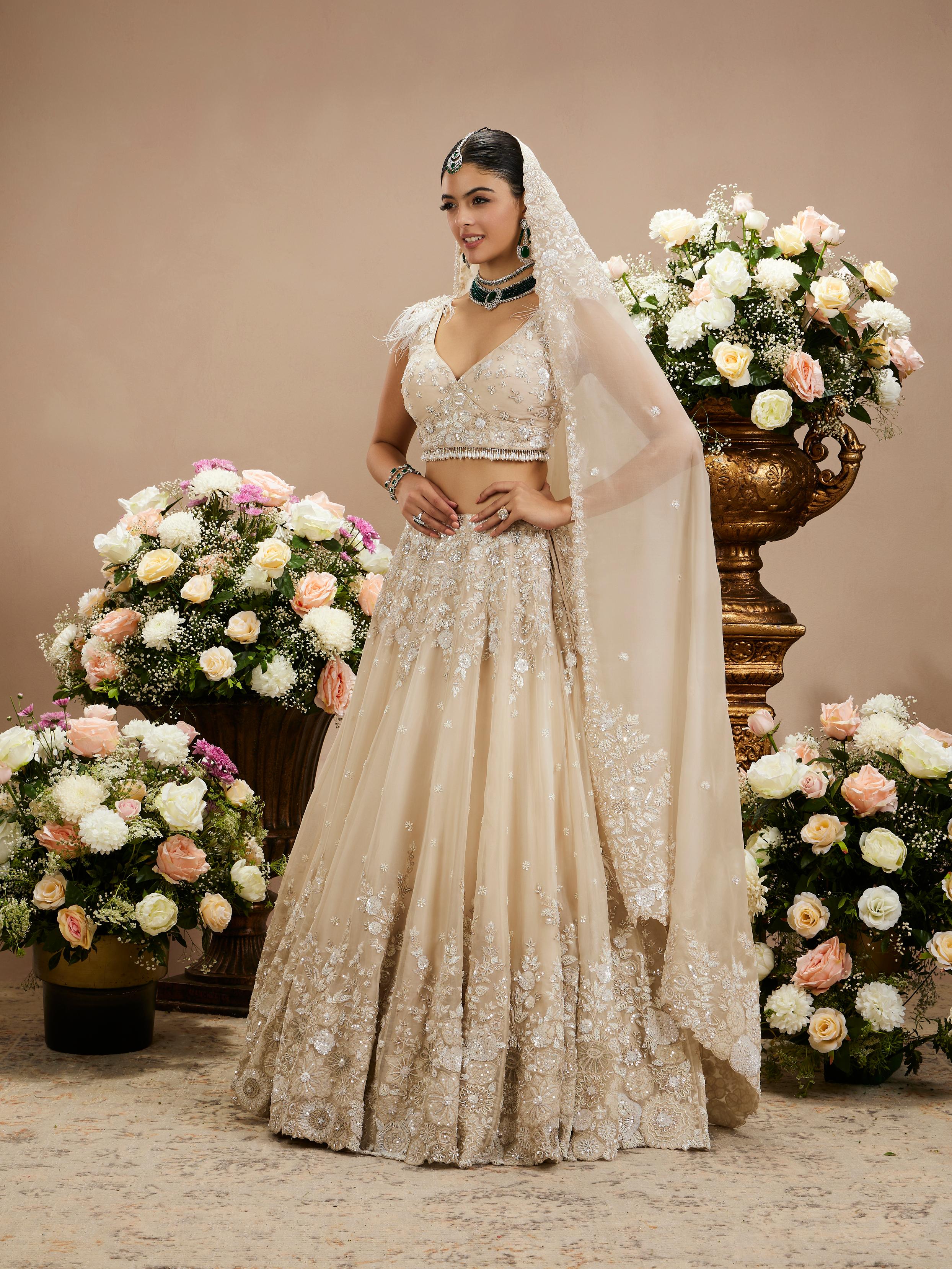 Twamev Women Cream Beige Floral Embroidered Lehenga with Sequins Work