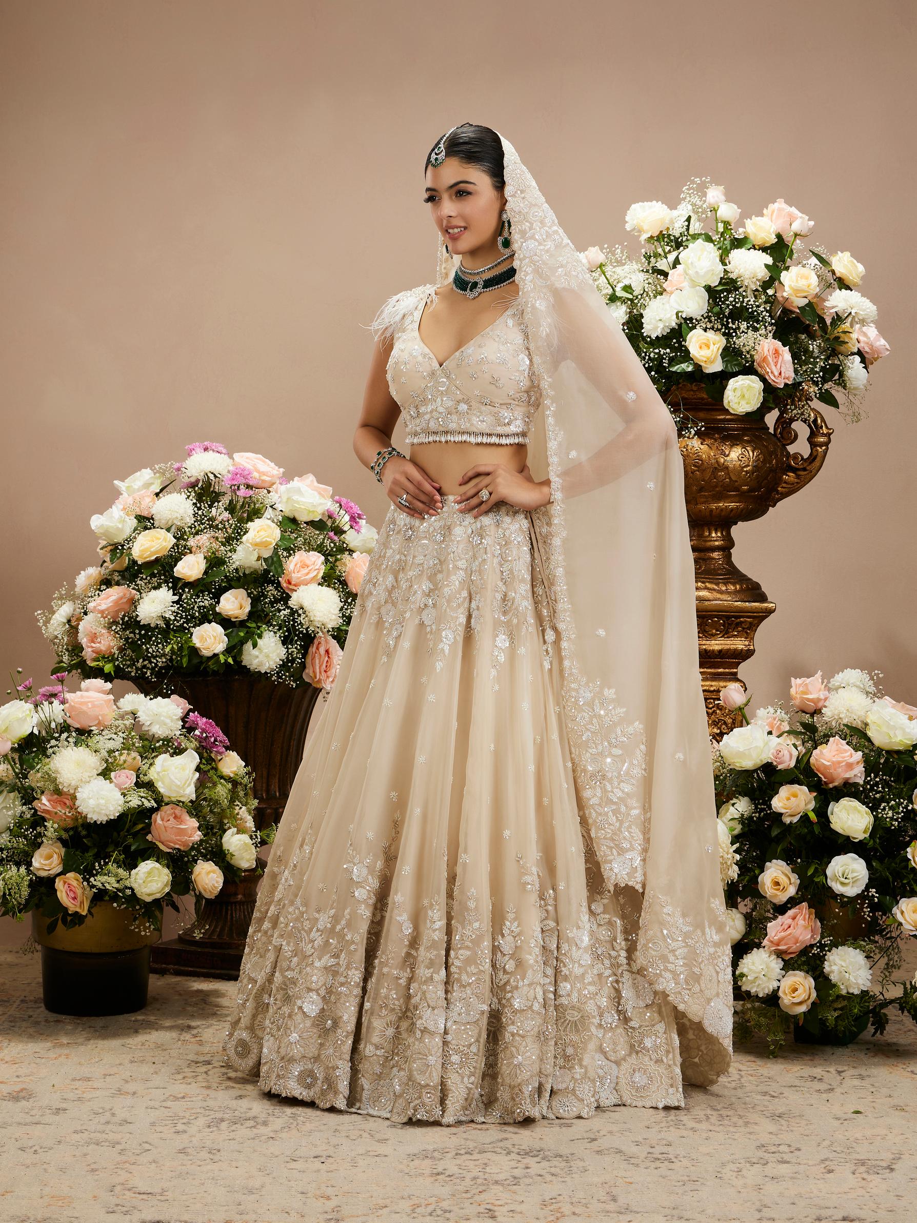 Twamev Women Cream Beige Floral Embroidered Lehenga with Sequins Work