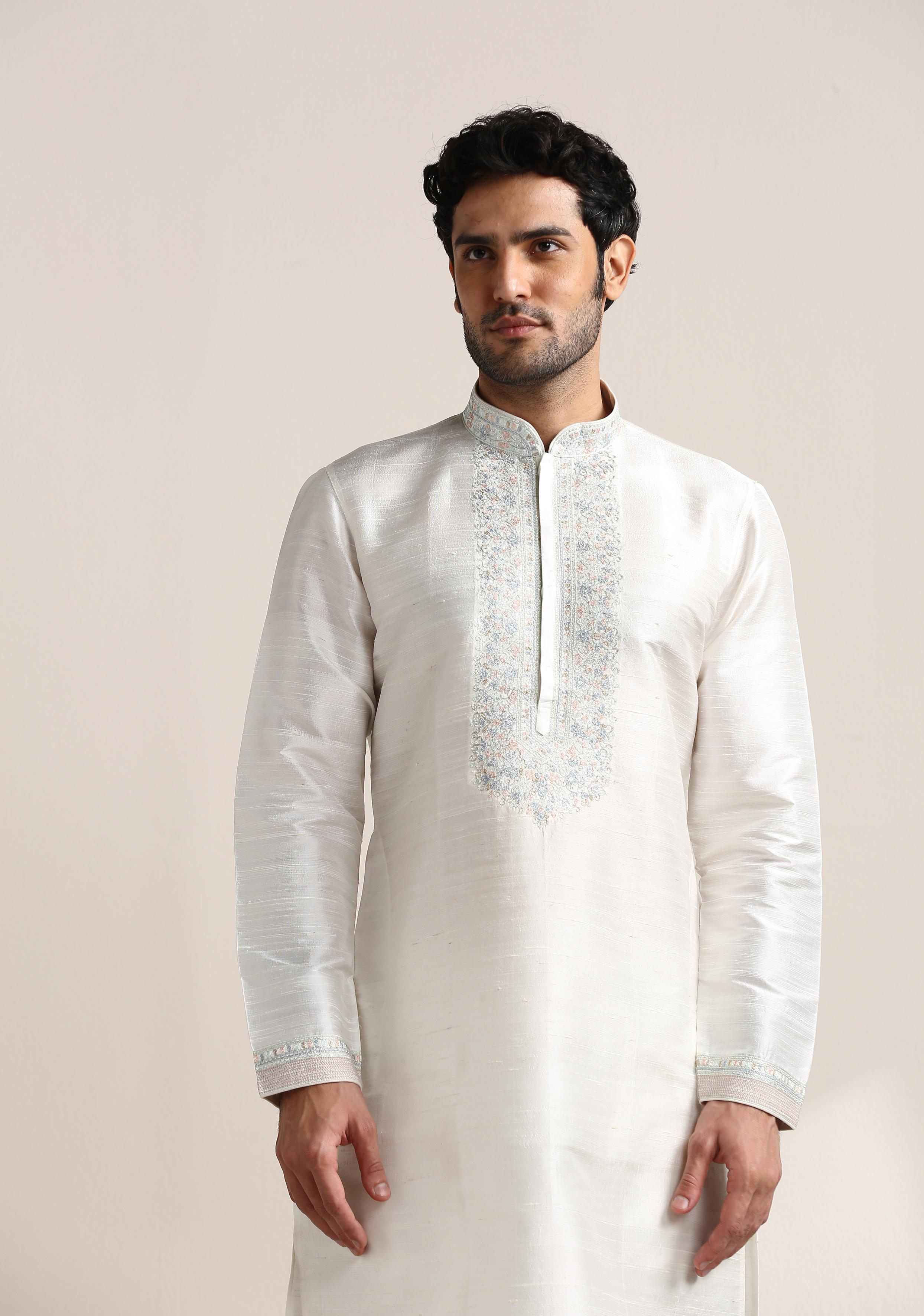 Twamev Men Pure White Embroidered Neck Kurta Set