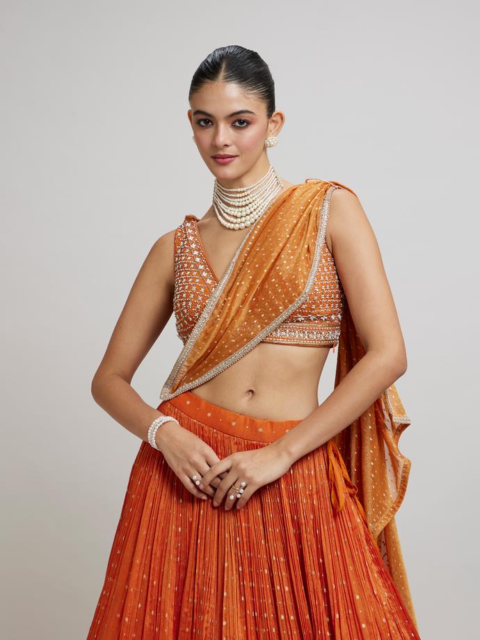 Twamev Women Orange Georgette Festive Lehenga