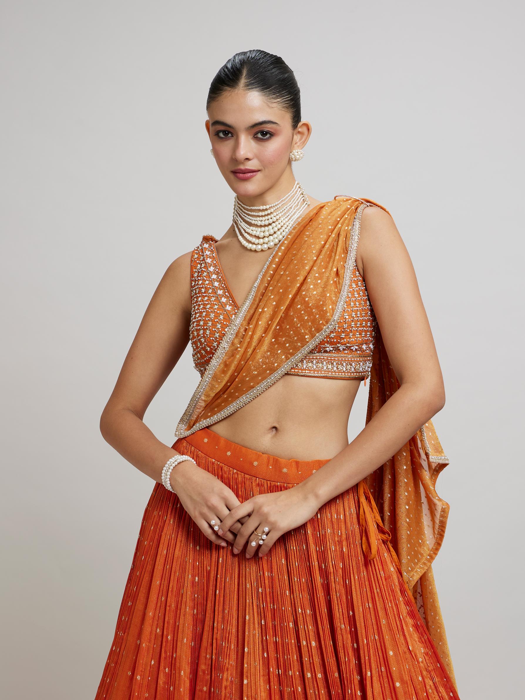 Twamev Women Orange Georgette Festive Lehenga