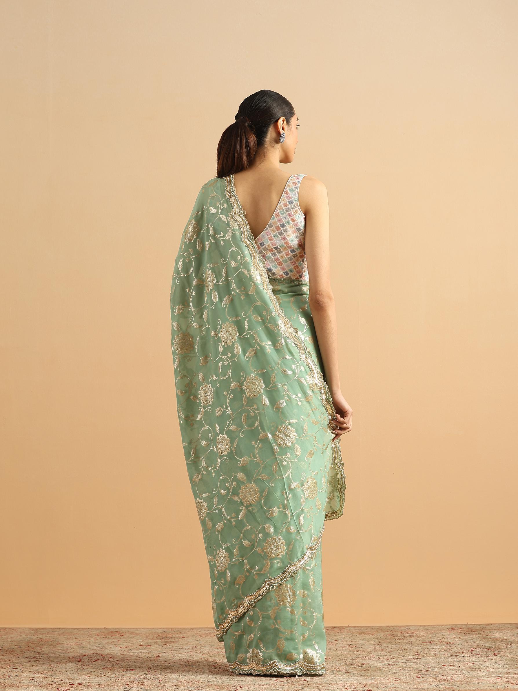 Twamev Women Whispering Pista Green Organza Saree