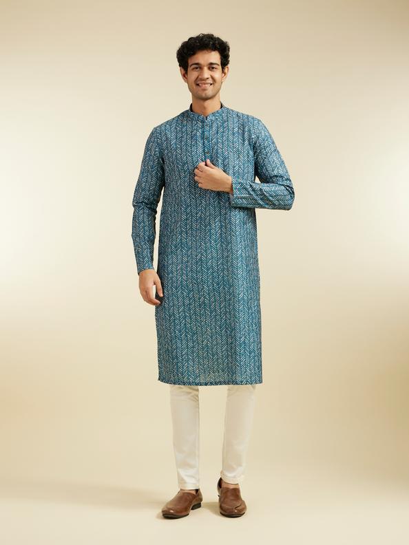 Diwas Men Teal Green Chevron Printed Kurta