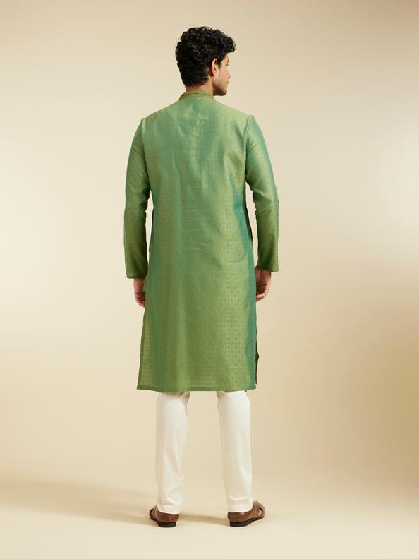 Diwas Men Forest Green Grid Patterned Kurta with Embroidered Neckline