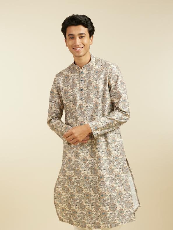 Diwas Men Soft Beige Floral Jaal Printed Kurta