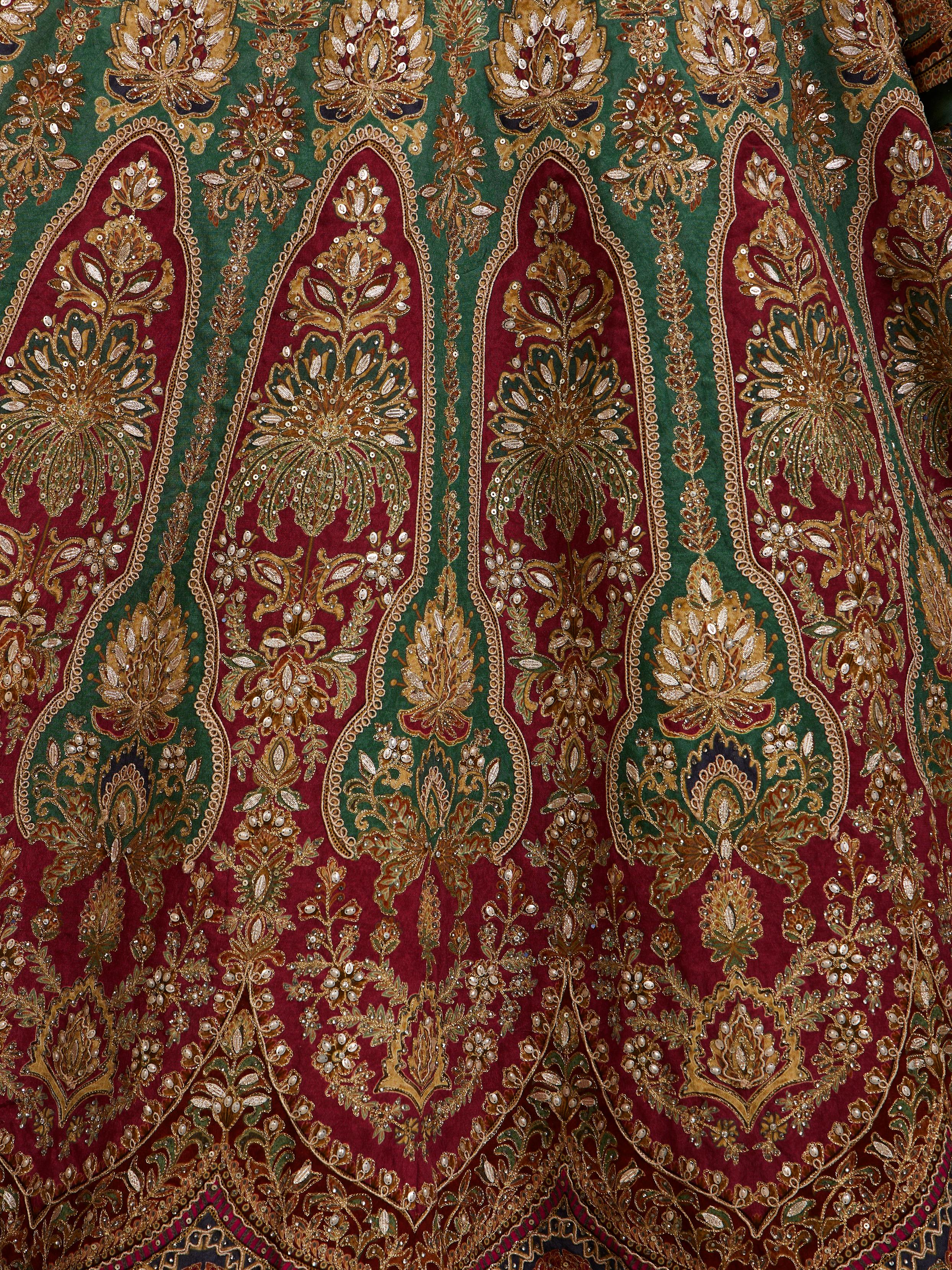 Twamev Women Rama Green And Maroon Jhallar Patterned Lehenga with Buta Motifs, Zari And Gota Patti Work