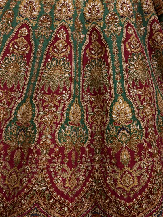 Twamev Women Rama Green And Maroon Jhallar Patterned Lehenga with Buta Motifs, Zari And Gota Patti Work